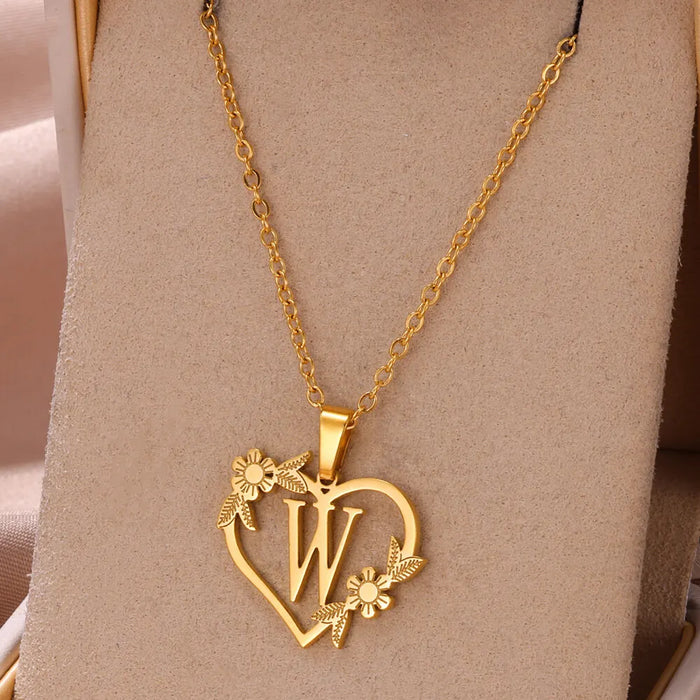 Personalisierte Herz-Kette mit Blumen & Initialen