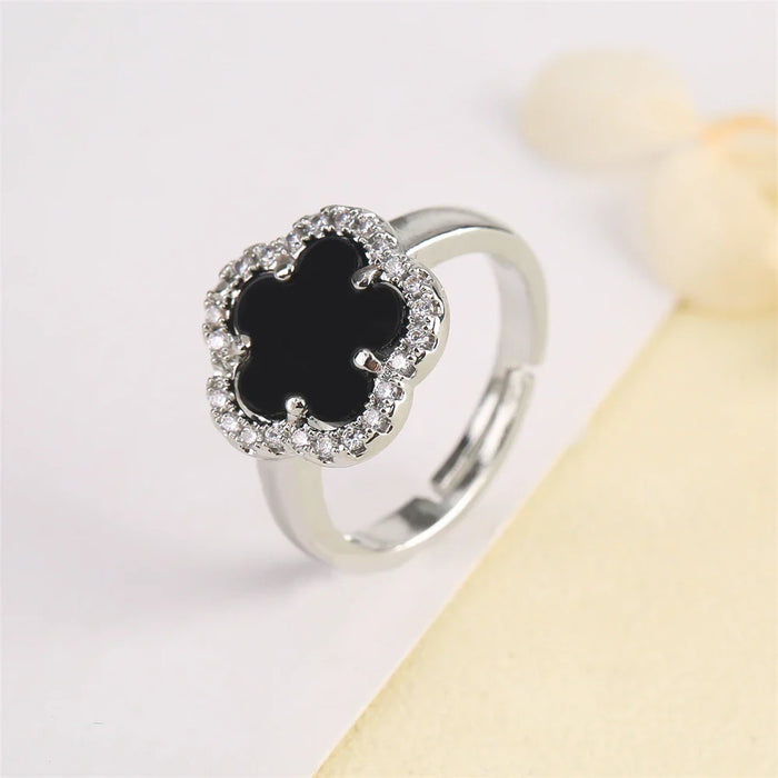 Blumenförmiger Einstellbarer Ring mit Emaille-Inlay und Zirkonia