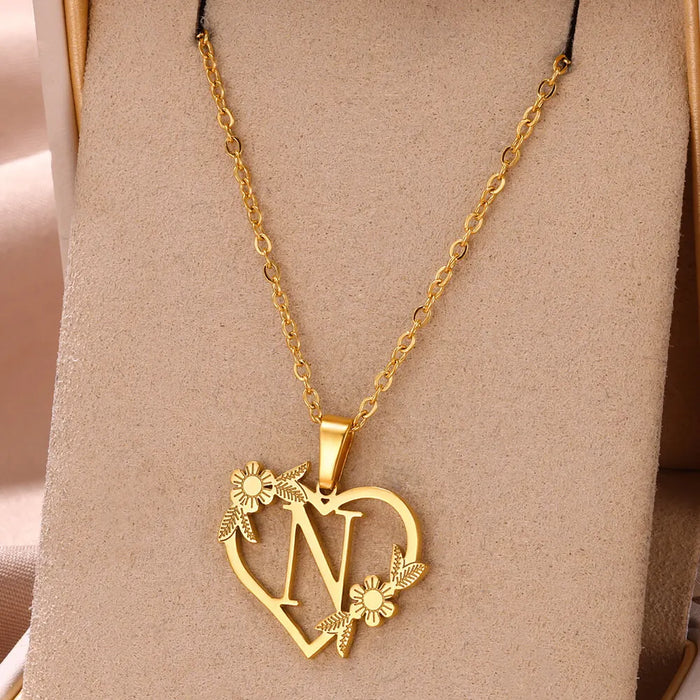 Personalisierte Herz-Kette mit Blumen & Initialen