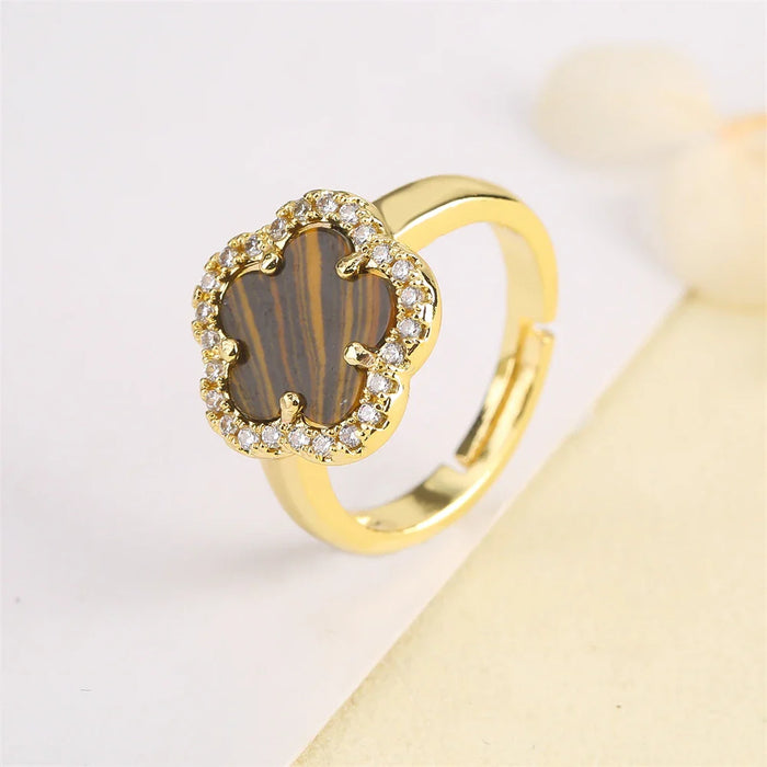 Blumenförmiger Einstellbarer Ring mit Emaille-Inlay und Zirkonia
