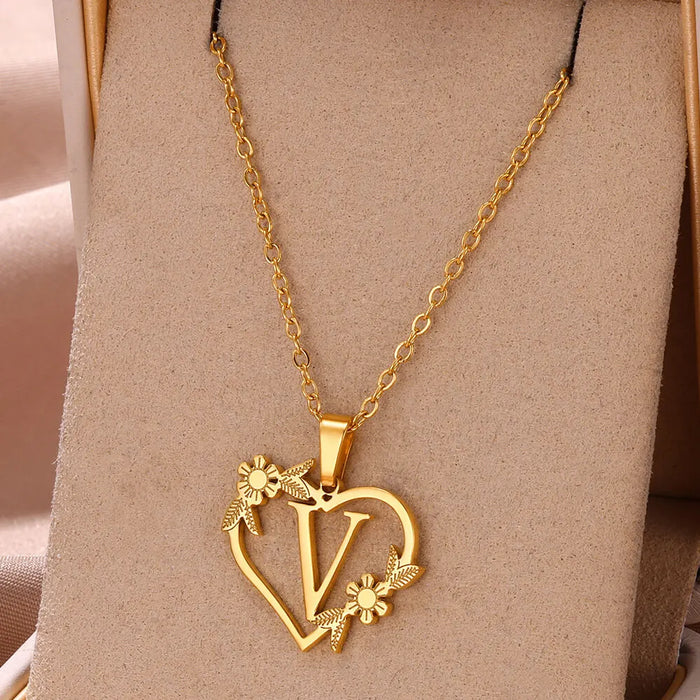 Personalisierte Herz-Kette mit Blumen & Initialen
