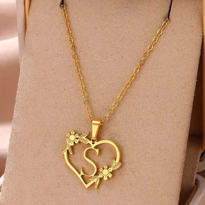 Personalisierte Herz-Kette mit Blumen & Initialen