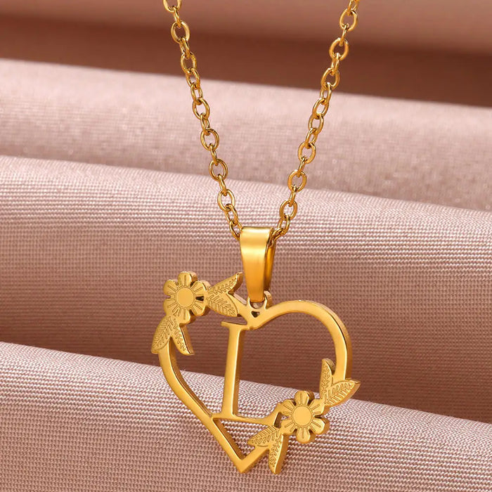 Personalisierte Herz-Kette mit Blumen & Initialen