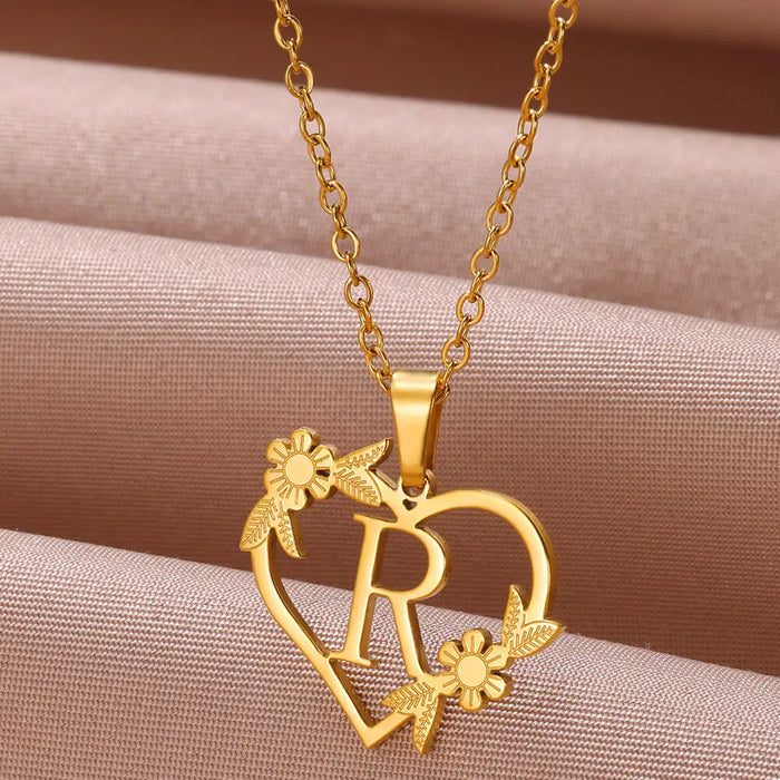 Personalisierte Herz-Kette mit Blumen & Initialen