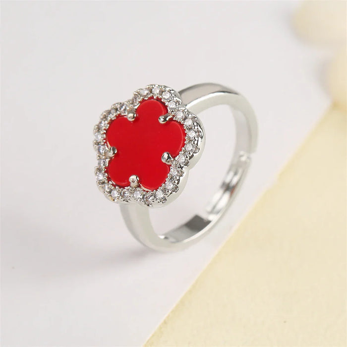 Blumenförmiger Einstellbarer Ring mit Emaille-Inlay und Zirkonia