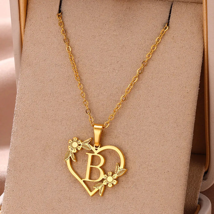 Personalisierte Herz-Kette mit Blumen & Initialen