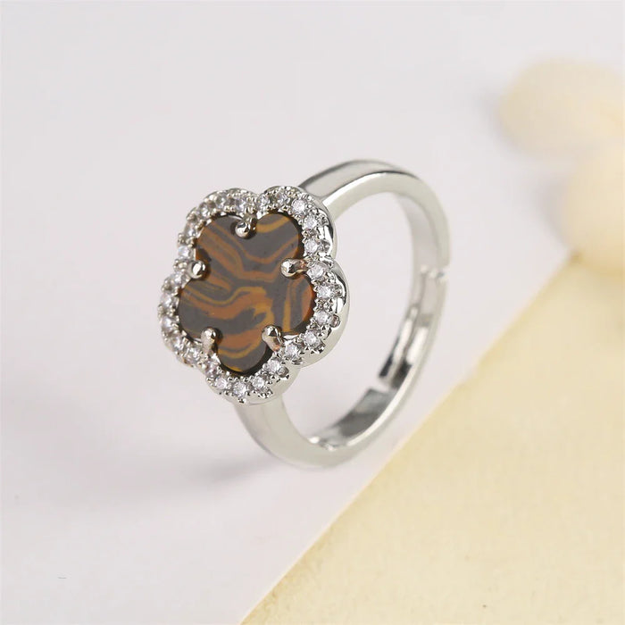 Blumenförmiger Einstellbarer Ring mit Emaille-Inlay und Zirkonia