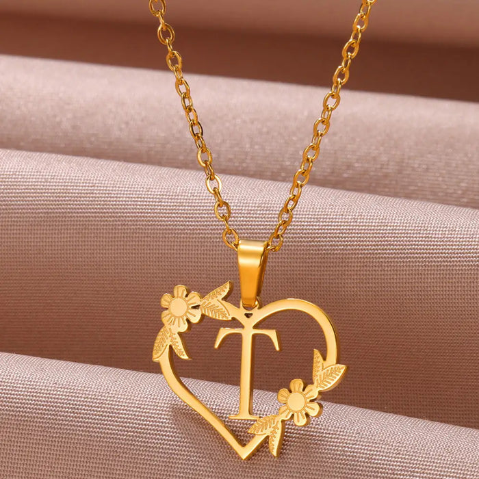 Personalisierte Herz-Kette mit Blumen & Initialen