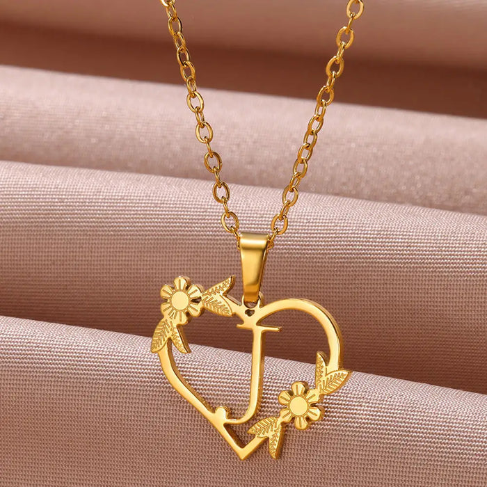 Personalisierte Herz-Kette mit Blumen & Initialen