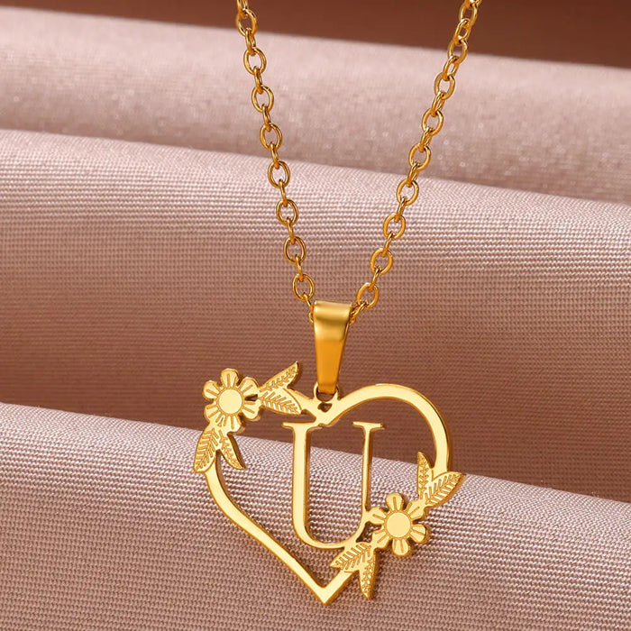 Personalisierte Herz-Kette mit Blumen & Initialen