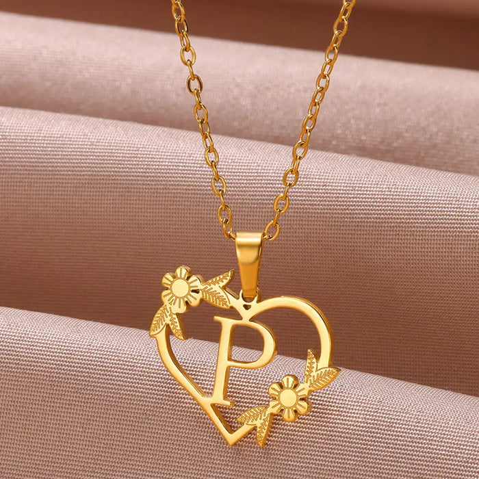 Personalisierte Herz-Kette mit Blumen & Initialen