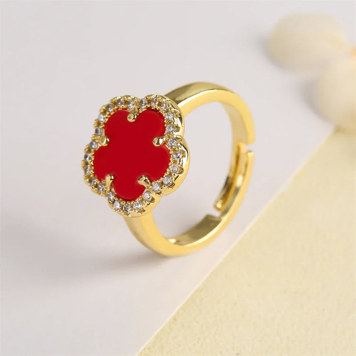 Blumenförmiger Einstellbarer Ring mit Emaille-Inlay und Zirkonia