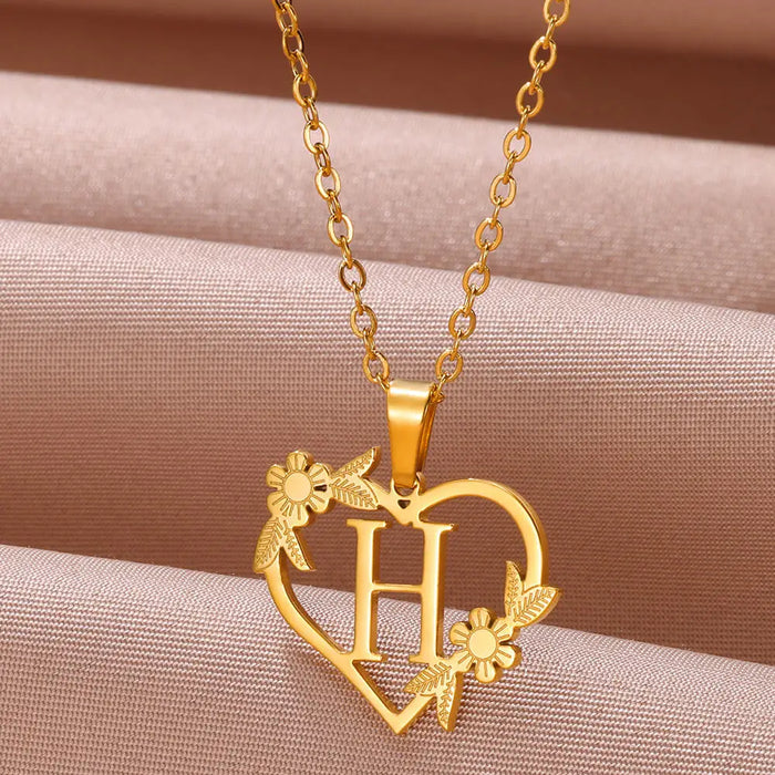 Personalisierte Herz-Kette mit Blumen & Initialen