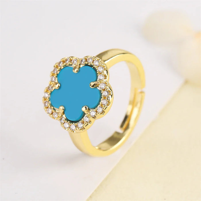 Blumenförmiger Einstellbarer Ring mit Emaille-Inlay und Zirkonia