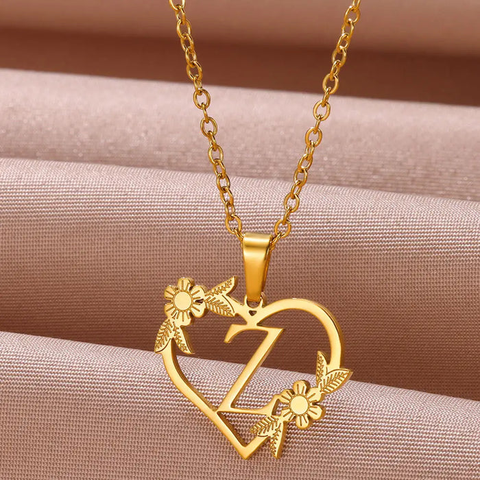 Personalisierte Herz-Kette mit Blumen & Initialen